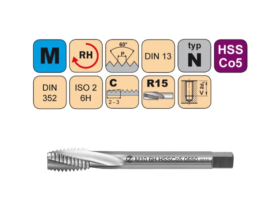 Závitník strojní krátký M8x1,25 ISO2 HSSCo5 DIN 352 RSP15