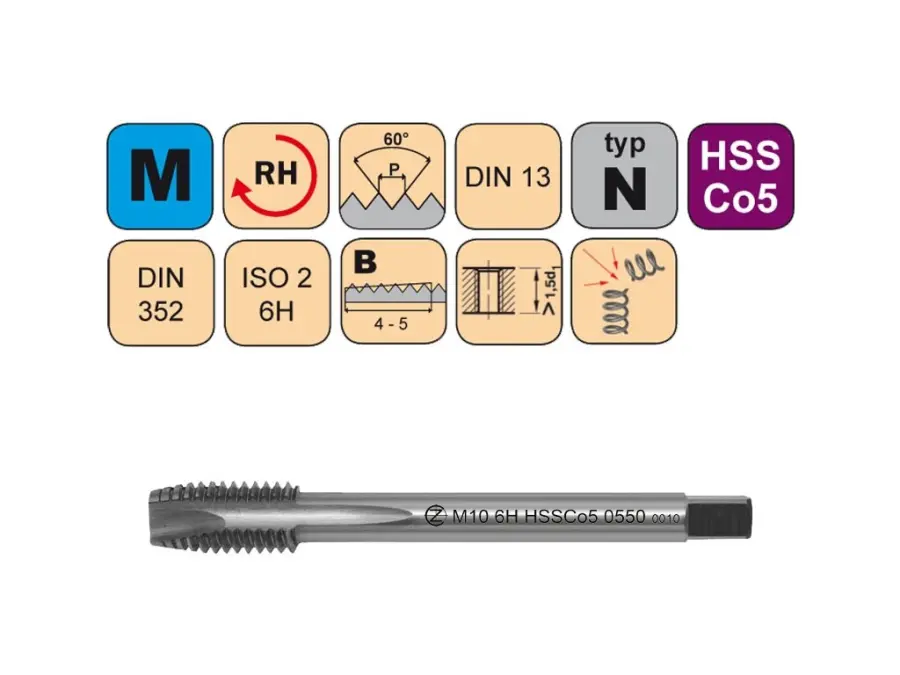 Závitník strojní krátký M12x1,75 ISO2 HSSCo5 DIN 352 B - 0550