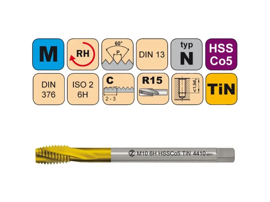 Závitník strojní M10x1,5 ISO2 HSSCo5 TiN DIN 376 RSP15 - 4410