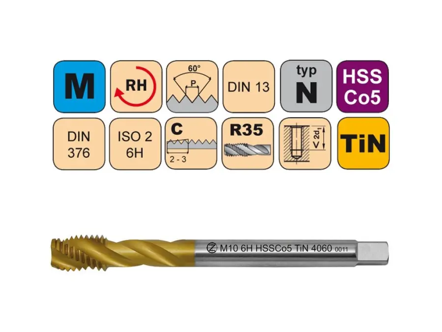 Závitníky strojní M HSSCo5 TiN ISO2 (6H) N šroubovitá drážka DIN376