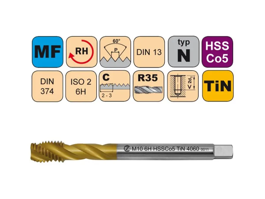 Závitníky strojní Mf HSSCo5 TiN ISO2 (6H) N šroubovitá drážka DIN374