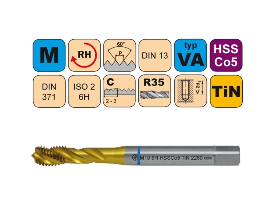 Závitníky strojní M HSSCo5 TiN ISO2 (6H) VA šroubovitá drážka DIN371