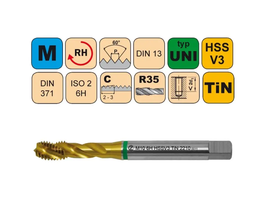 Závitníky strojní M HSSV3 TiN ISO2 (6H) UNI šroubovitá drážka DIN371