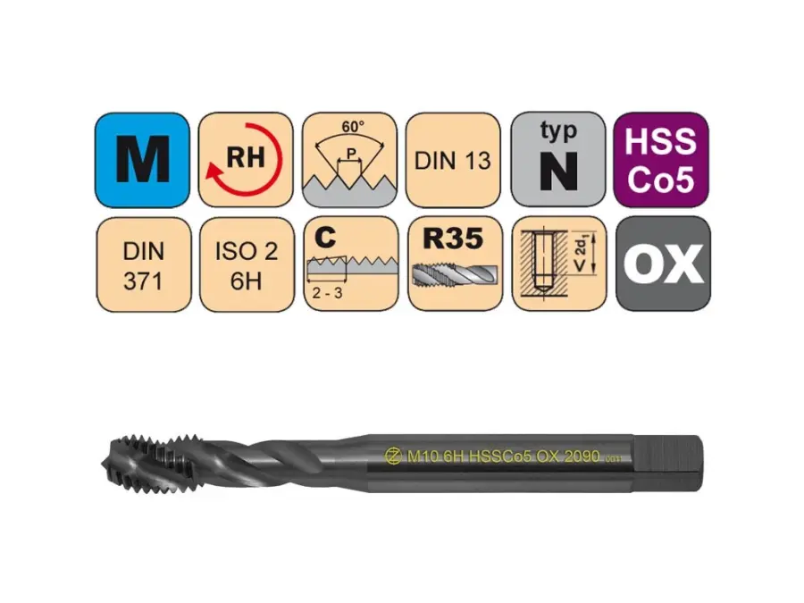 Závitníky strojní M HSSCo5 OX ISO2 (6H) N šroubovitá drážka DIN371