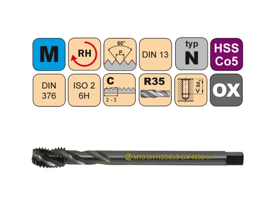 Závitníky strojní M HSSCo5 OX ISO2 (6H) N šroubovitá drážka DIN376
