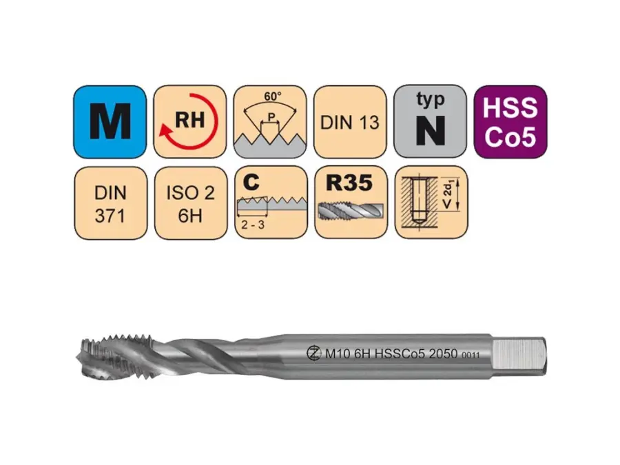 Závitníky strojní M HSSCo5 ISO2 (6H) ISO3 (6G) N šroubovitá drážka DIN371