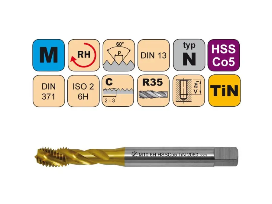 Závitníky strojní M HSSCo5 TiN ISO2 (6H) N šroubovitá drážka DIN371