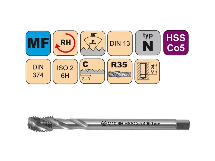 Závitníky strojní Mf HSSCo5 ISO2 (6H) N šroubovitá drážka DIN374