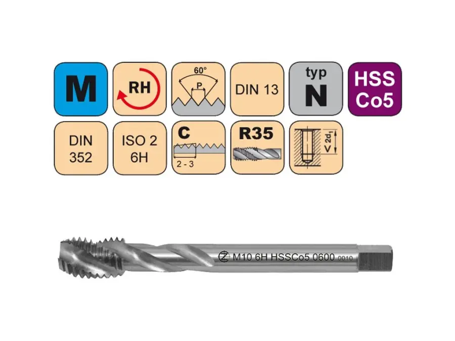 Závitníky strojní krátké M HSSCo5 ISO2 (6H) N šroubovitá drážka R35° DIN352