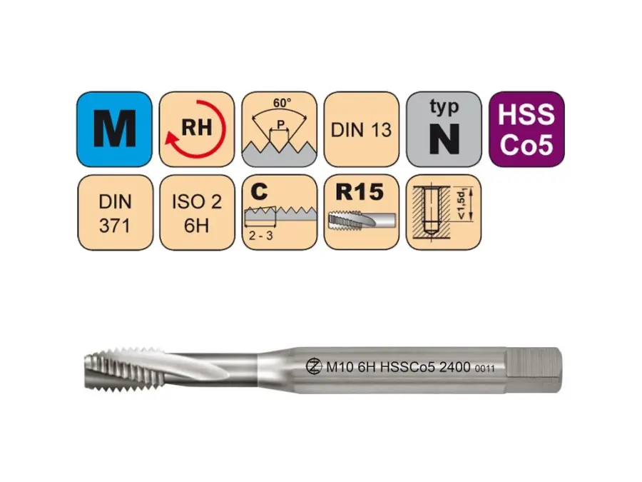 Závitníky strojní M HSSCo5 ISO2 (6H) N šroubovitá drážka DIN371