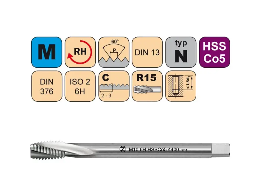 Závitníky strojní M HSSCo5 ISO2 (6H) N šroubovitá drážka DIN376