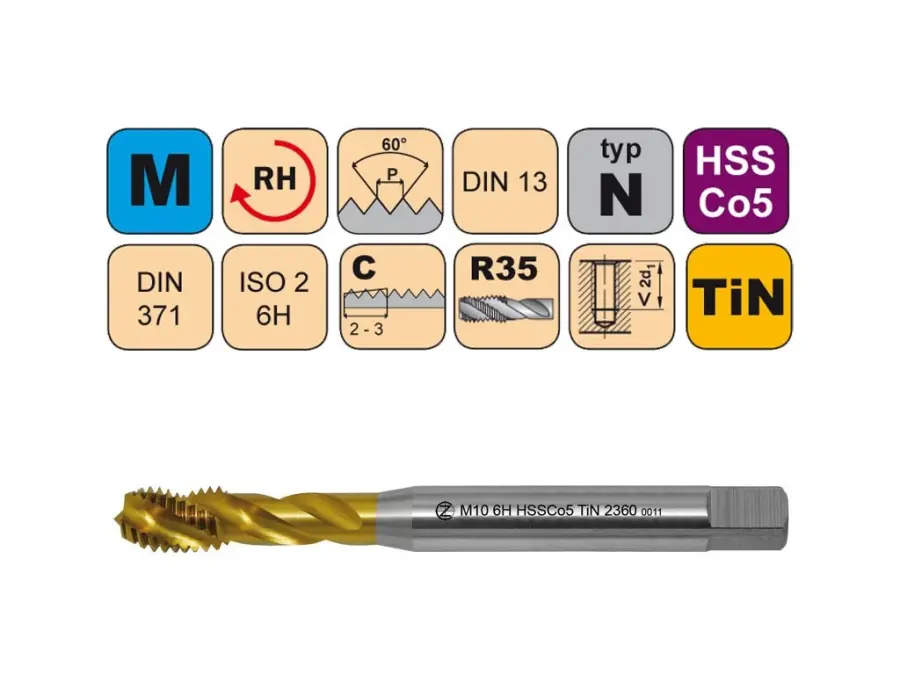 Závitníky strojní M HSSCo5 TiN ISO2 (6H) N šroubovitá drážka DIN 371