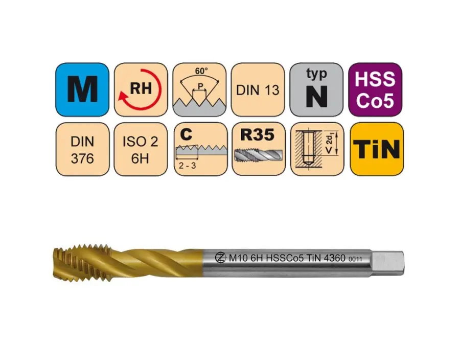 Závitníky strojní M HSSCo5 TiN ISO2 (6H) N šroubovitá drážka DIN 376