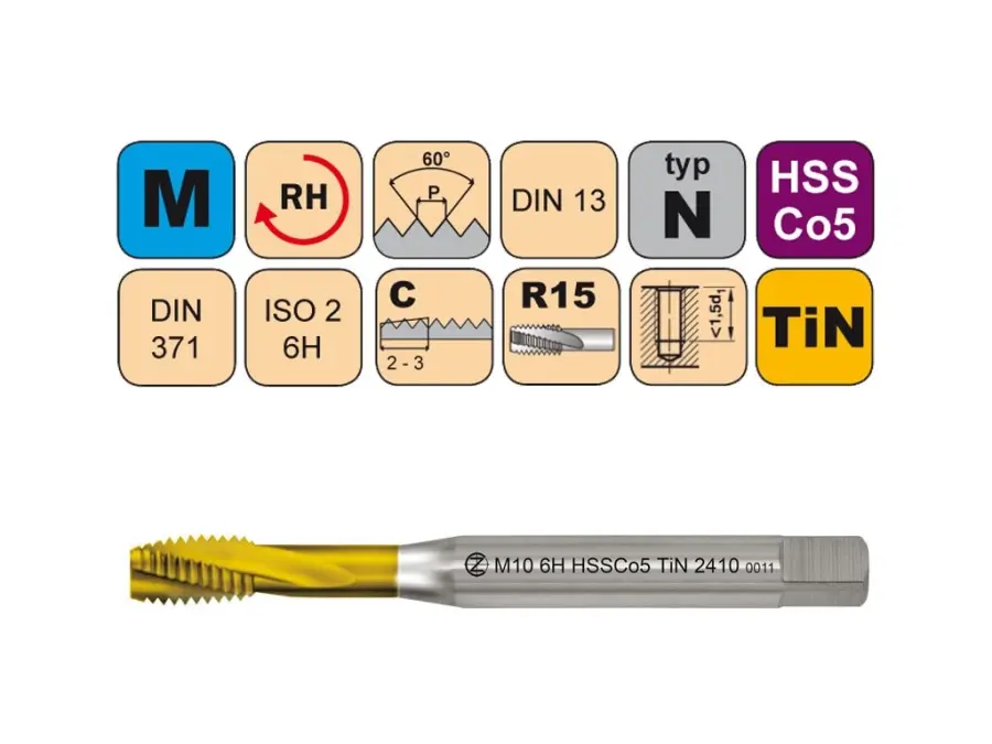 Závitníky strojní M HSSCo5 TiN ISO2 (6H) N šroubovitá drážka R15° DIN371