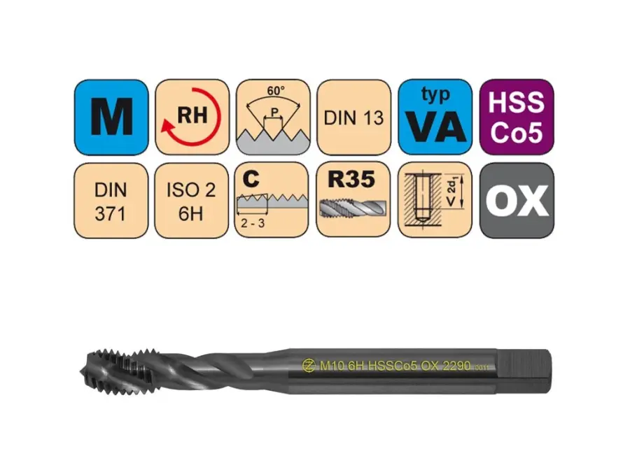 Závitníky strojní M HSSCo5 OX ISO2 (6H) VA šroubovitá drážka DIN371