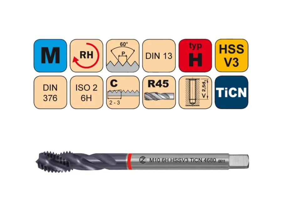 Závitníky strojní M HSSV3 TiCN ISO2 (6H) H šroubovitá drážka DIN376