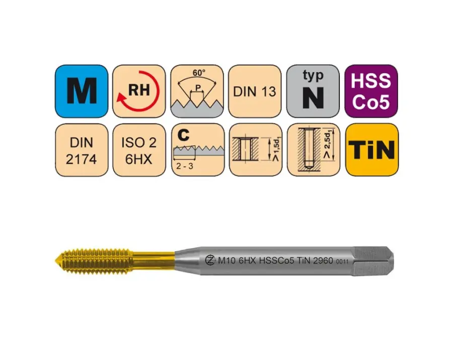 Tvářecí závitník M10x1,5 6HX HSSCo5 TiN DIN 2174 s mazací drážkou - 2960