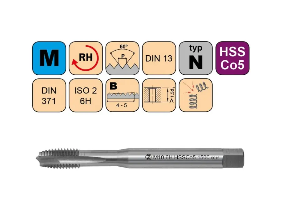 Závitníky strojní M HSSCo5 ISO2 (6H) ISO3 (6G) N přímá drážka s lamačem DIN371