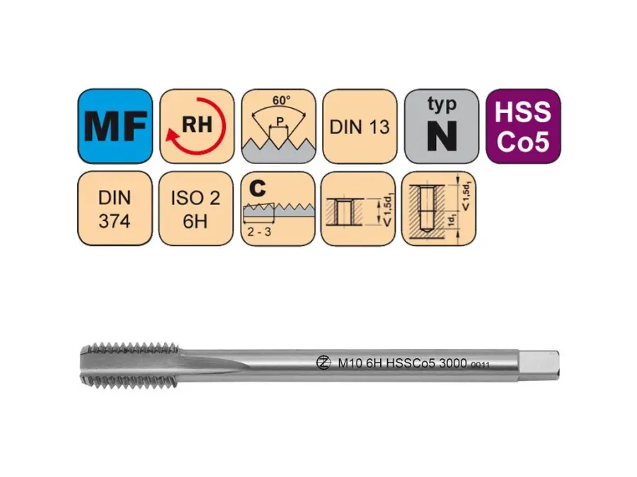 Závitníky strojní Mf HSSCo5 ISO2 (6H) N přímá drážka DIN374