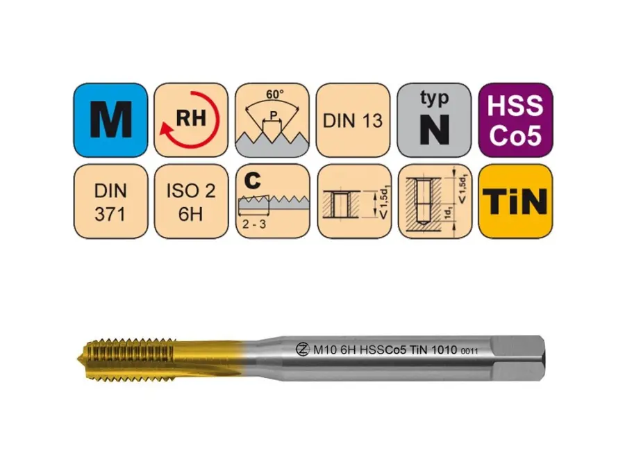 Závitníky strojní M HSSCo5 TiN ISO2 (6H) N přímá drážka DIN371