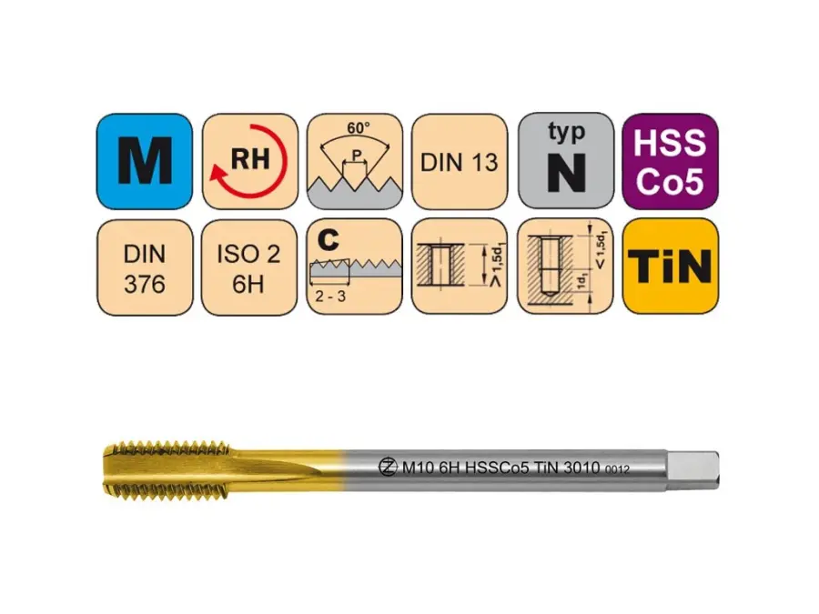 Závitníky strojní M HSSCo5 TiN ISO2 (6H) N přímá drážka DIN376
