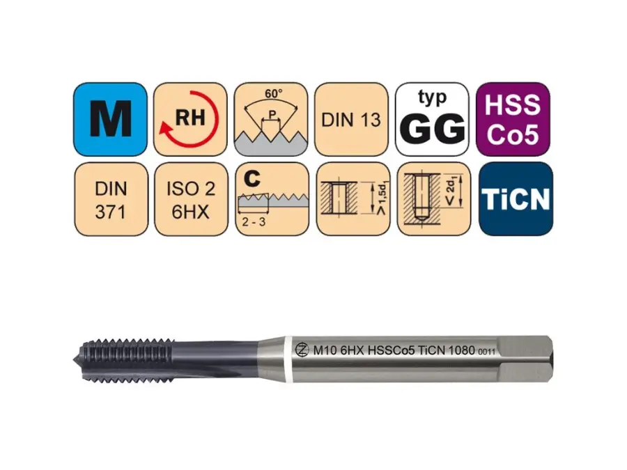 Závitníky strojní M HSSCo5 TiCN ISO2 (6H) GG přímá drážka DIN371