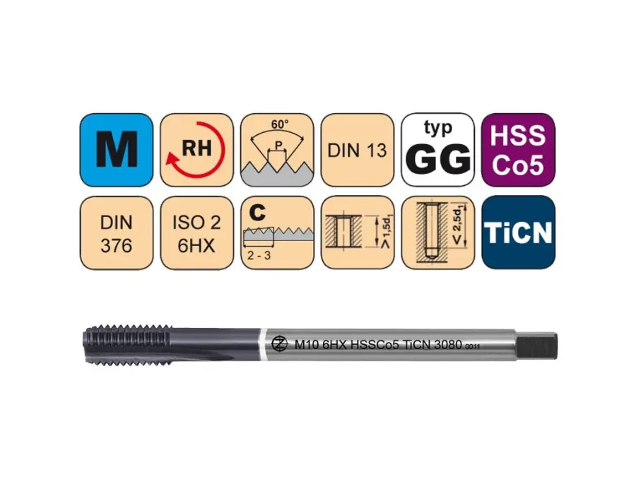 Závitníky strojní M HSSCo5 TiCN ISO2 (6H) GG přímá drážka DIN376