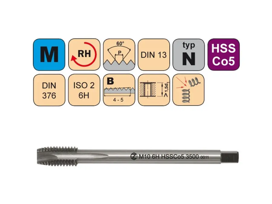 Závitníky strojní M HSSCo5 ISO2 (6H) ISO3 (6G) N přímá drážka s lamačem DIN376