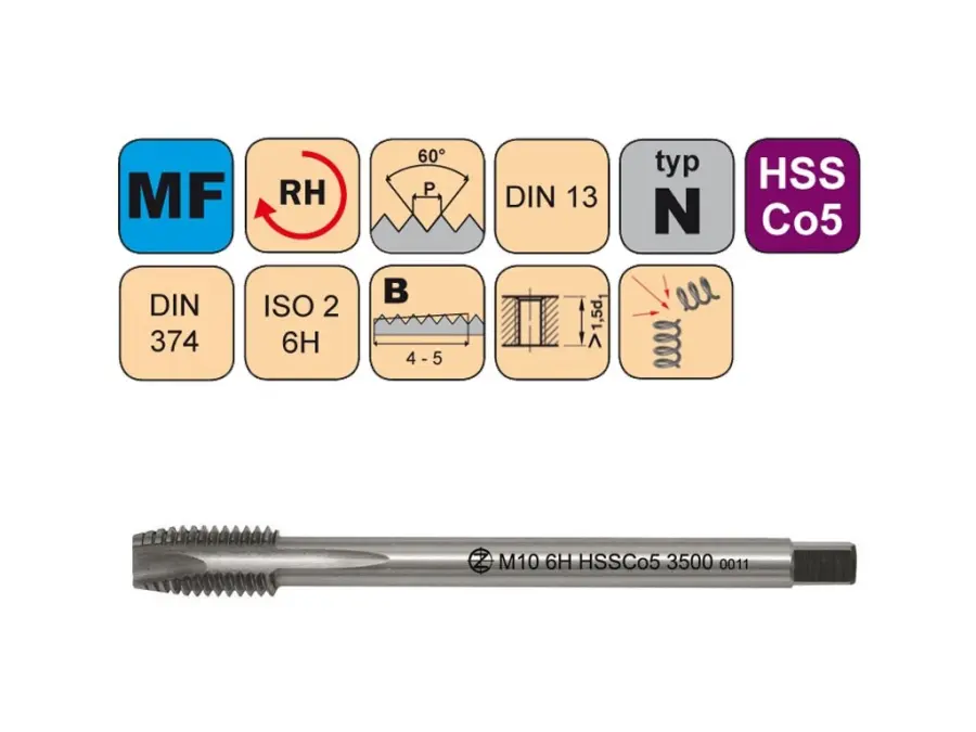 Závitníky strojní Mf HSSCo5 ISO2 (6H) N přímá drážka s lamačem DIN374