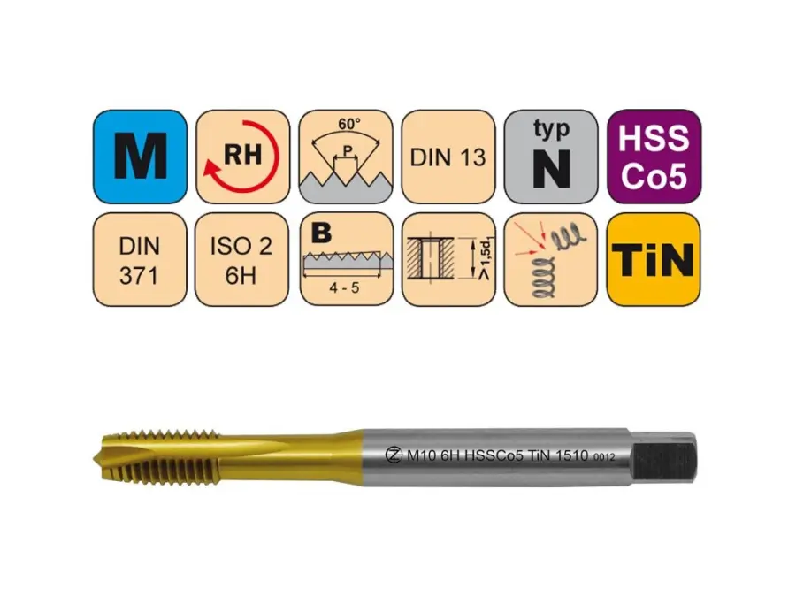 Závitníky strojní M HSSCo5 TiN ISO2 (6H) N přímá drážka s lamačem DIN371