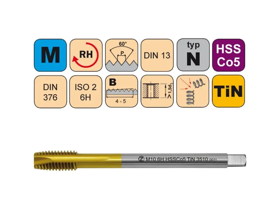 Závitníky strojní M HSSCo5 TiN ISO2 (6H) N přímá drážka s lamačem DIN376