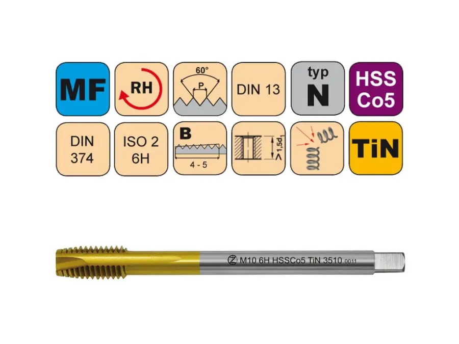 Závitníky strojní Mf HSSCo5 TiN ISO2 (6H) N přímá drážka s lamačem DIN374