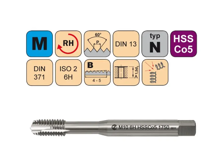Závitníky strojní M HSSCo5 ISO2 (6H) N přímá a mazací drážka DIN371