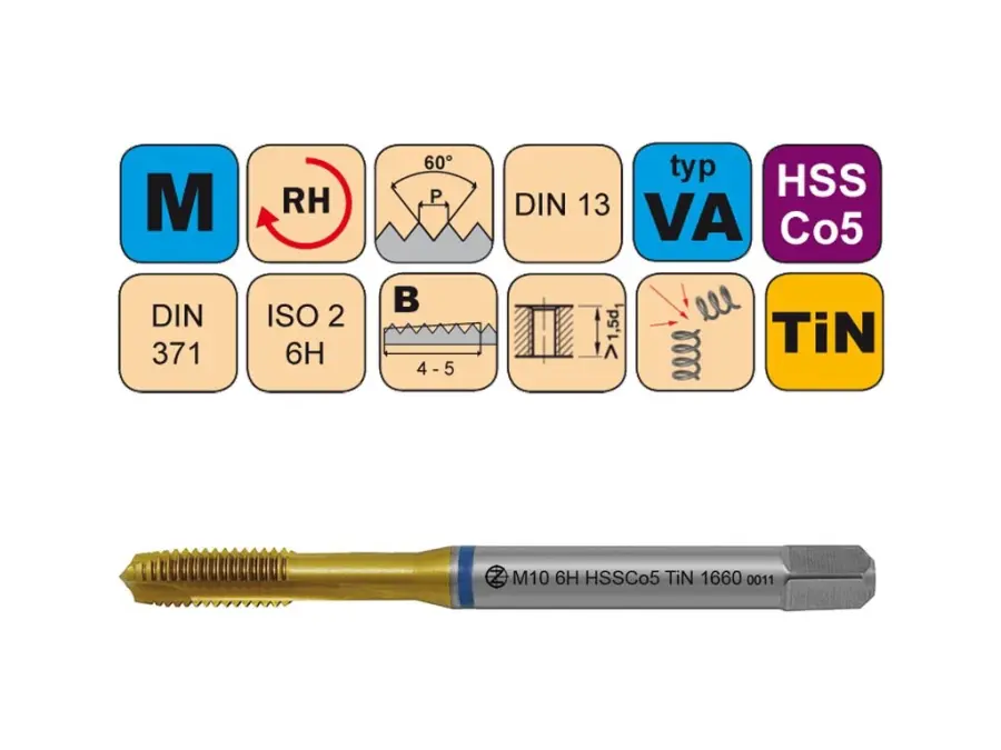 Závitníky strojní M HSSCo5 TiN ISO2 (6H) VA přímá drážka s lamačem DIN371