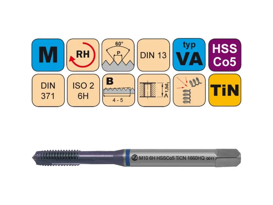 Závitníky strojní M HSSCo5 TiCN ISO2 (6H) VA přímá drážka s lamačem DIN371