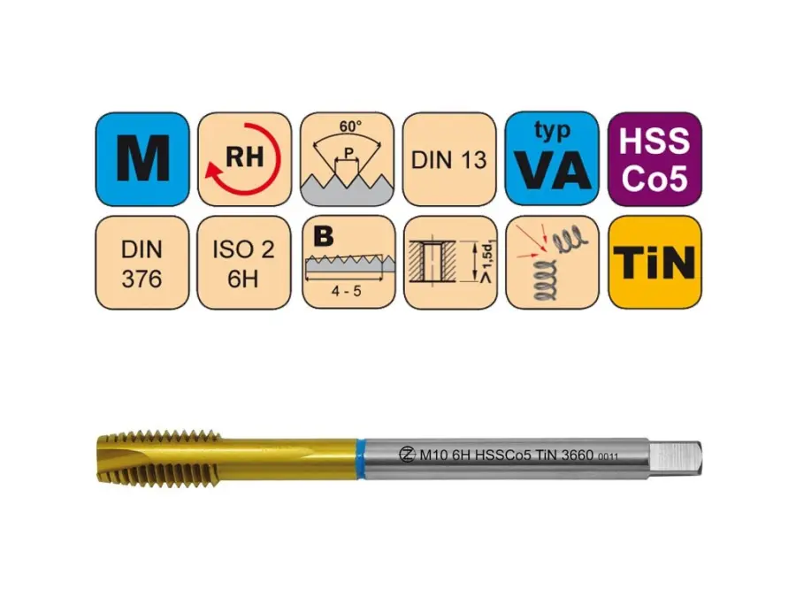 Závitníky strojní M HSSCo5 TiN ISO2 (6H) VA přímá drážka s lamačem DIN376