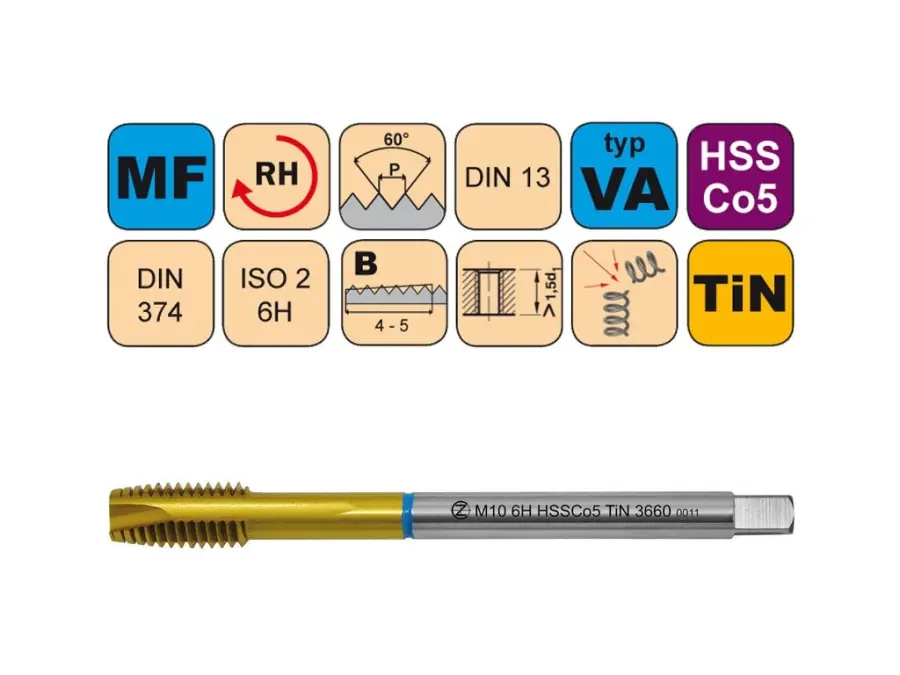 Závitníky strojní Mf HSSCo5 TiN ISO2 (6H) VA přímá drážka s lamačem DIN374