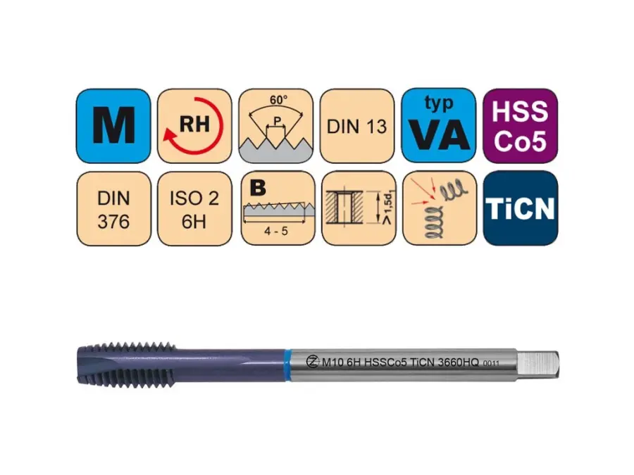 Závitníky strojní M HSSCo5 TiCN ISO2 (6H) VA přímá drážka s lamačem DIN376