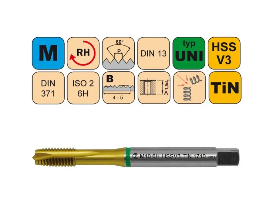Závitníky strojní M HSSV3 TiN ISO2 (6H) UNI přímá drážka s lamačem DIN371