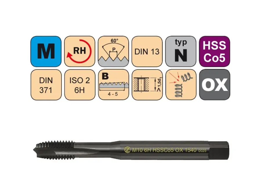Závitníky strojní M HSSCo5 OX ISO2 (6H) N přímá drážka s lamačem DIN371