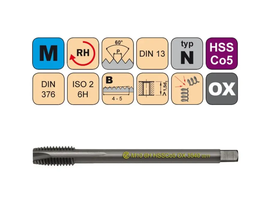 Závitníky strojní M HSSCo5 OX ISO2 (6H) N přímá drážka s lamačem DIN376