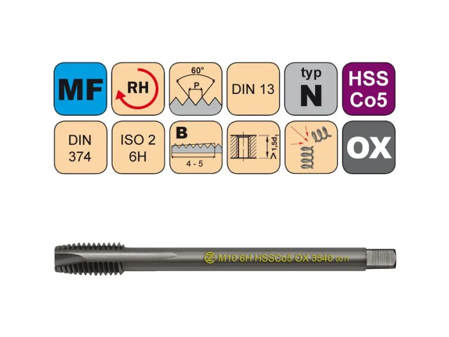 Závitníky strojní Mf HSSCo5 OX ISO2 (6H) N přímá drážka s lamačem DIN374