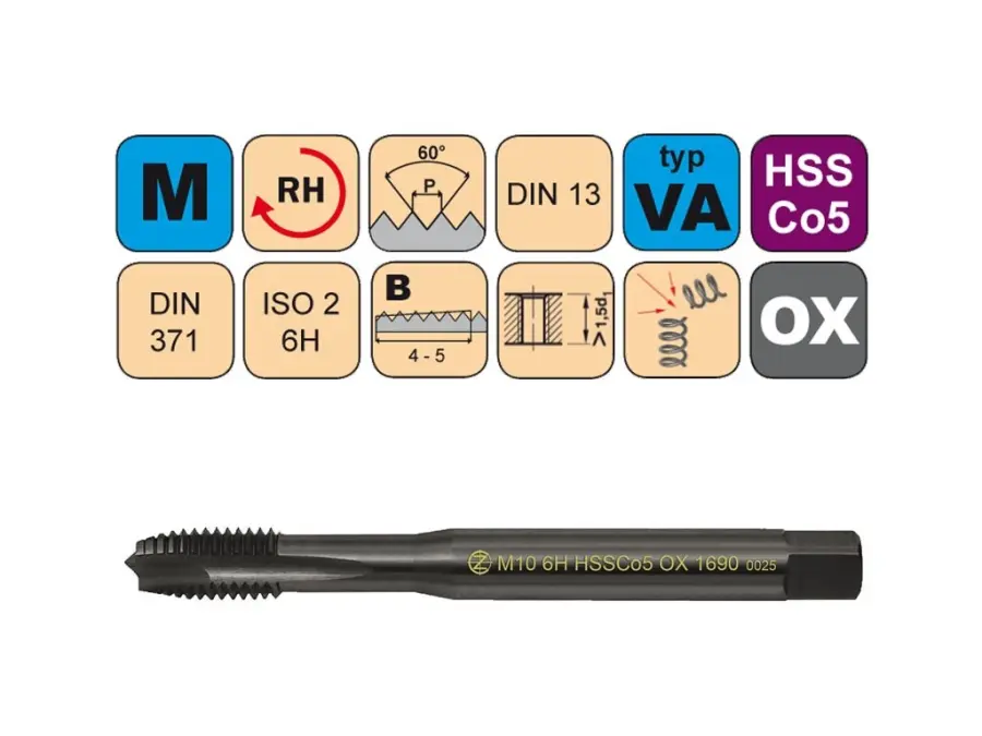 Závitníky strojní M HSSCo5 OX ISO2 (6H) VA přímá drážka s lamačem DIN371