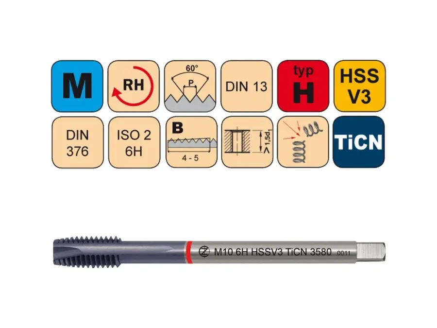 Závitníky strojní M HSSV3 TiCN ISO2 (6H) H přímá drážka s lamačem DIN376