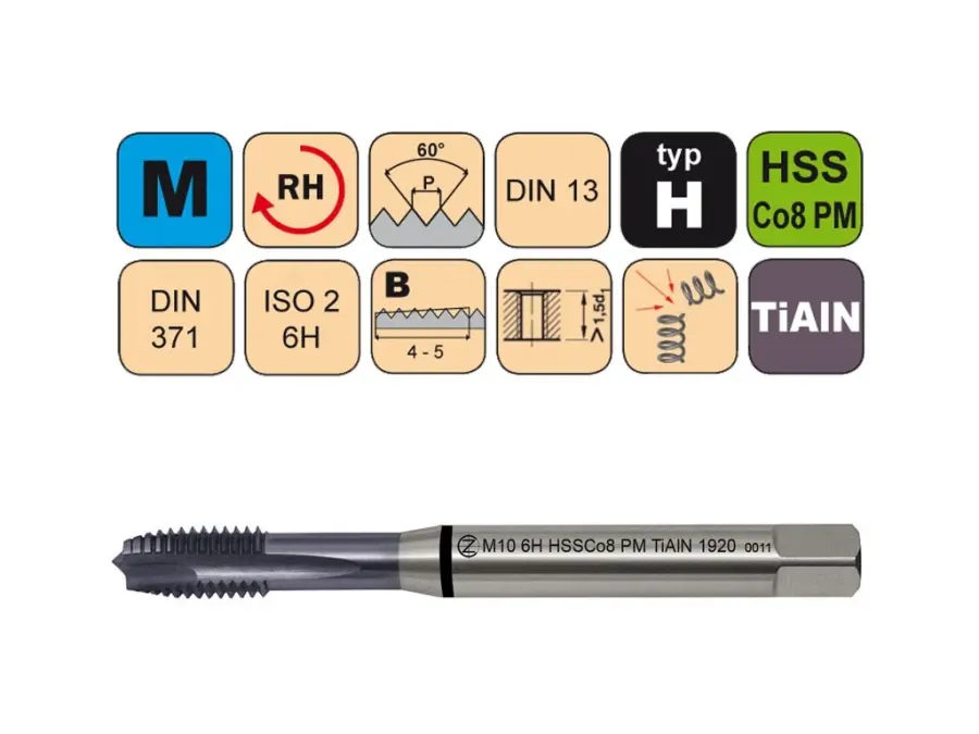 Závitníky strojní M HSSCo8PM TiAlN ISO2 (6H) H přímá drážka s lamačem DIN371
