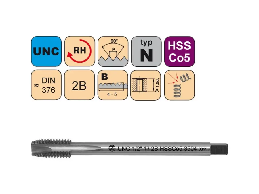 Závitníky strojní UNC HSSCo5 2B N přímá drážka s lamačem DIN376