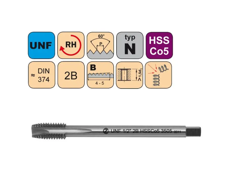 Závitníky strojní UNF HSSCo5 2B N přímá drážka s lamačem DIN374