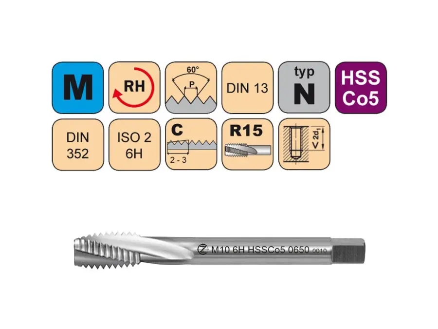 Závitníky strojní krátké M HSSCo5 ISO2 (6H) N šroubovitá drážka R15° DIN352