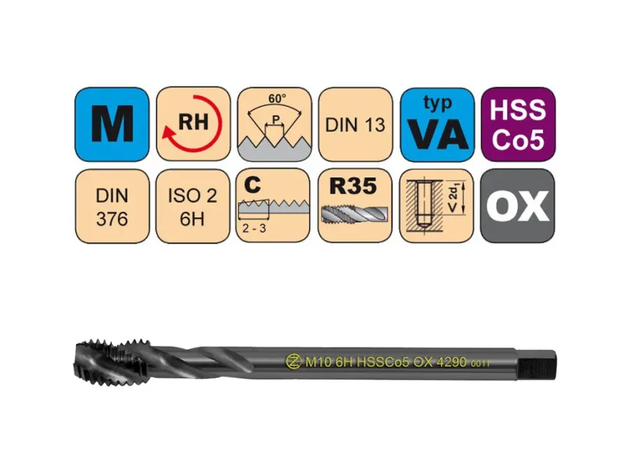 Závitníky strojní M HSSCo5 OX ISO2 (6H) VA šroubovitá drážka DIN376