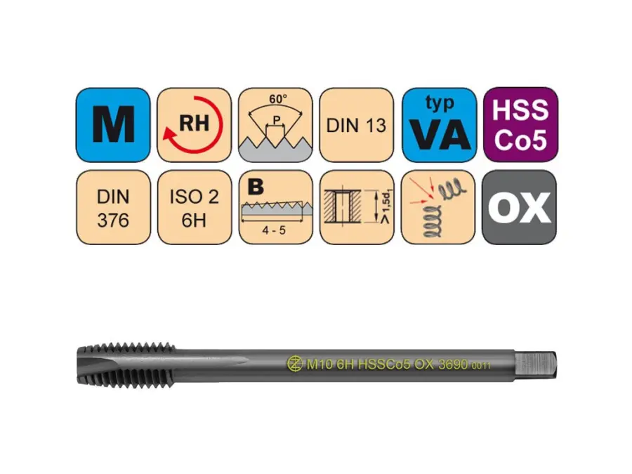Závitníky strojní M HSSCo5 OX ISO2 (6H) VA přímá drážka s lamačem DIN376